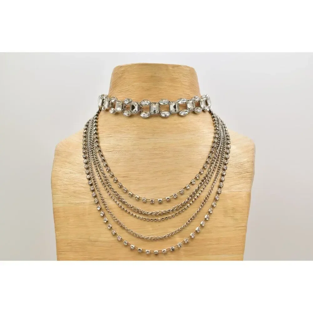 Vintage Choker Layered Necklace Rhinestone Crystal Silver Multi-Chain Y2K BinBJ